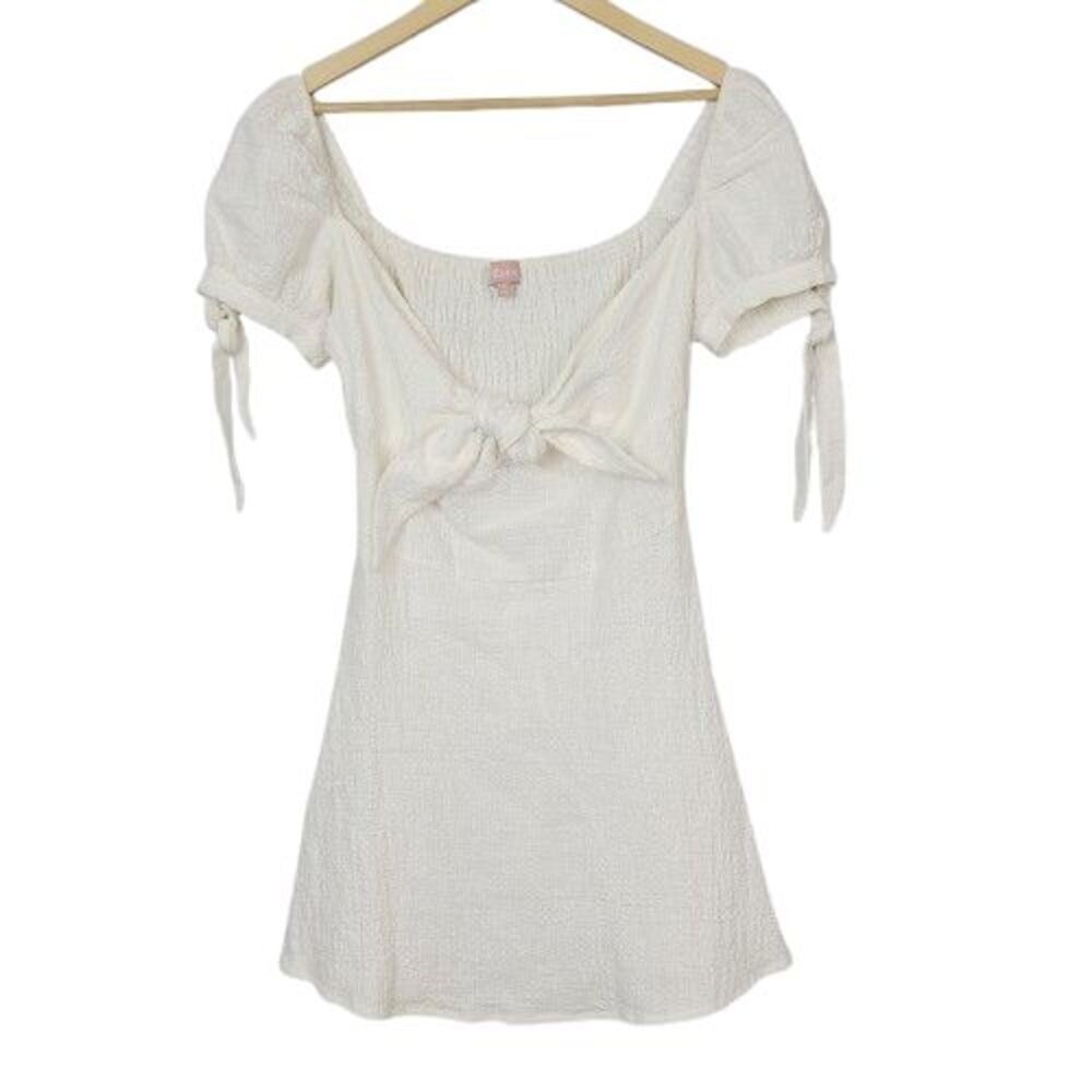 Le Rumi White Bow Mini‎ Dress Linen Blend S Coquette Milkmaid Cottagecore
